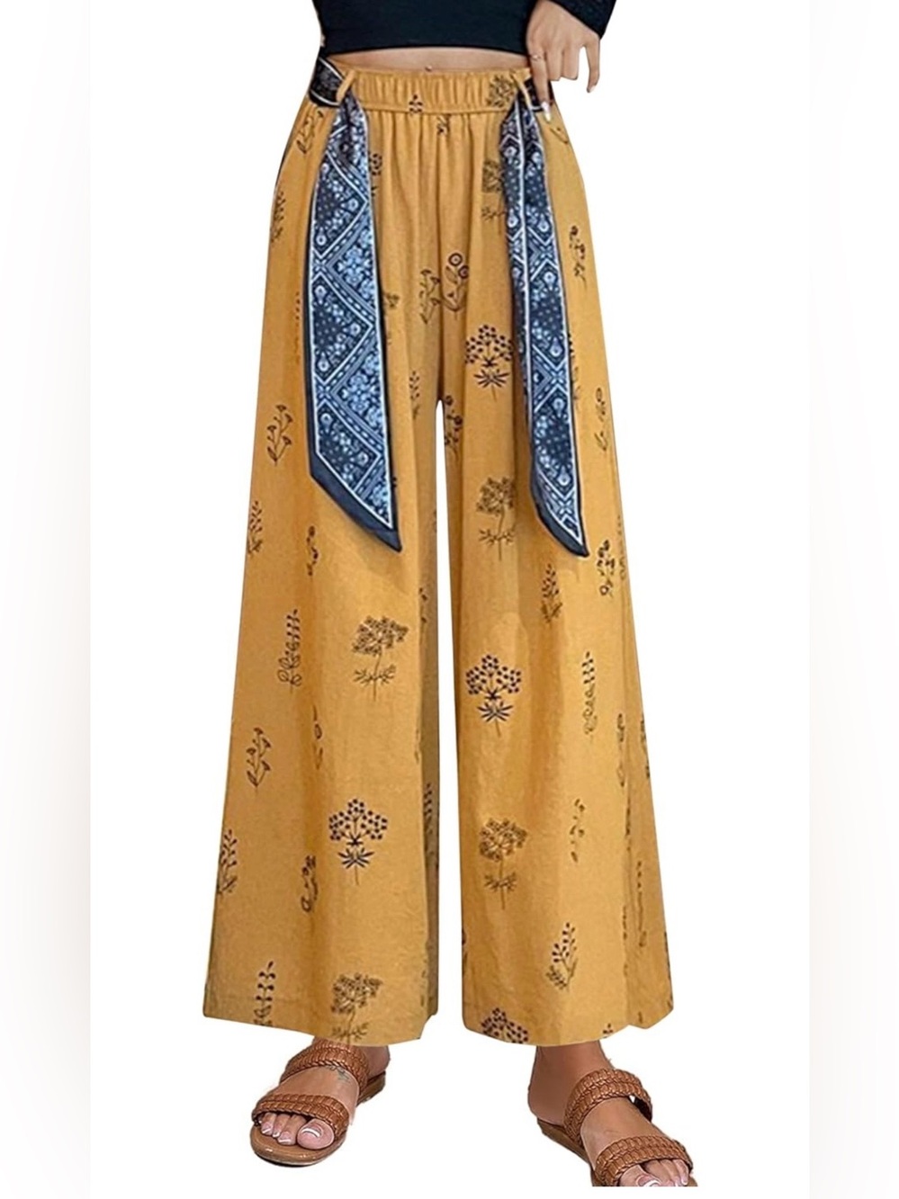Wide Leg Printed Pants in Mustard with Bandana Belt